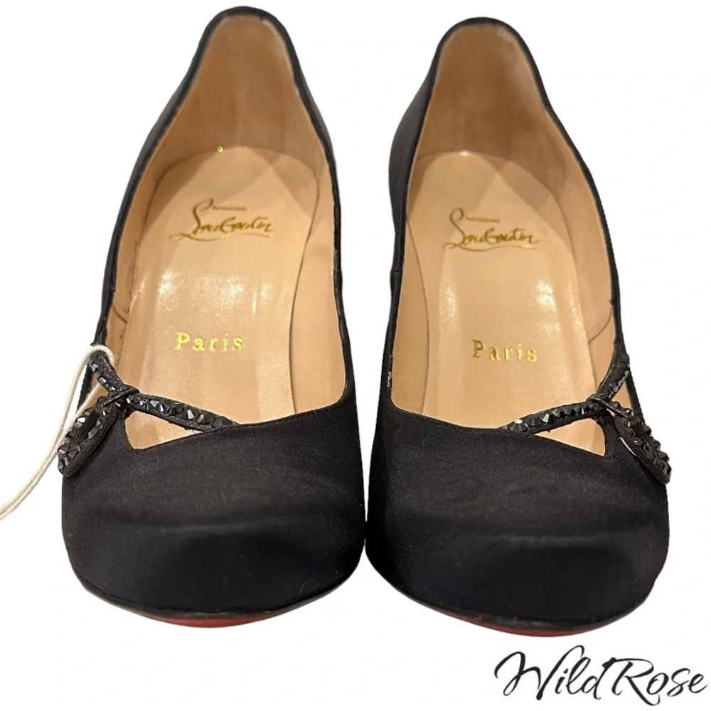 CHRISTIAN LOUBOUTIN Black Satin Rhinestone Embellished Heels SZ 38 - Picture 7 of 15